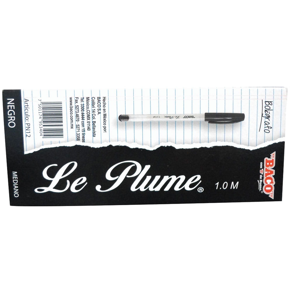 Bolígrafo Punto Mediano Stick Negro Caja con 12 Piezas Le Plume