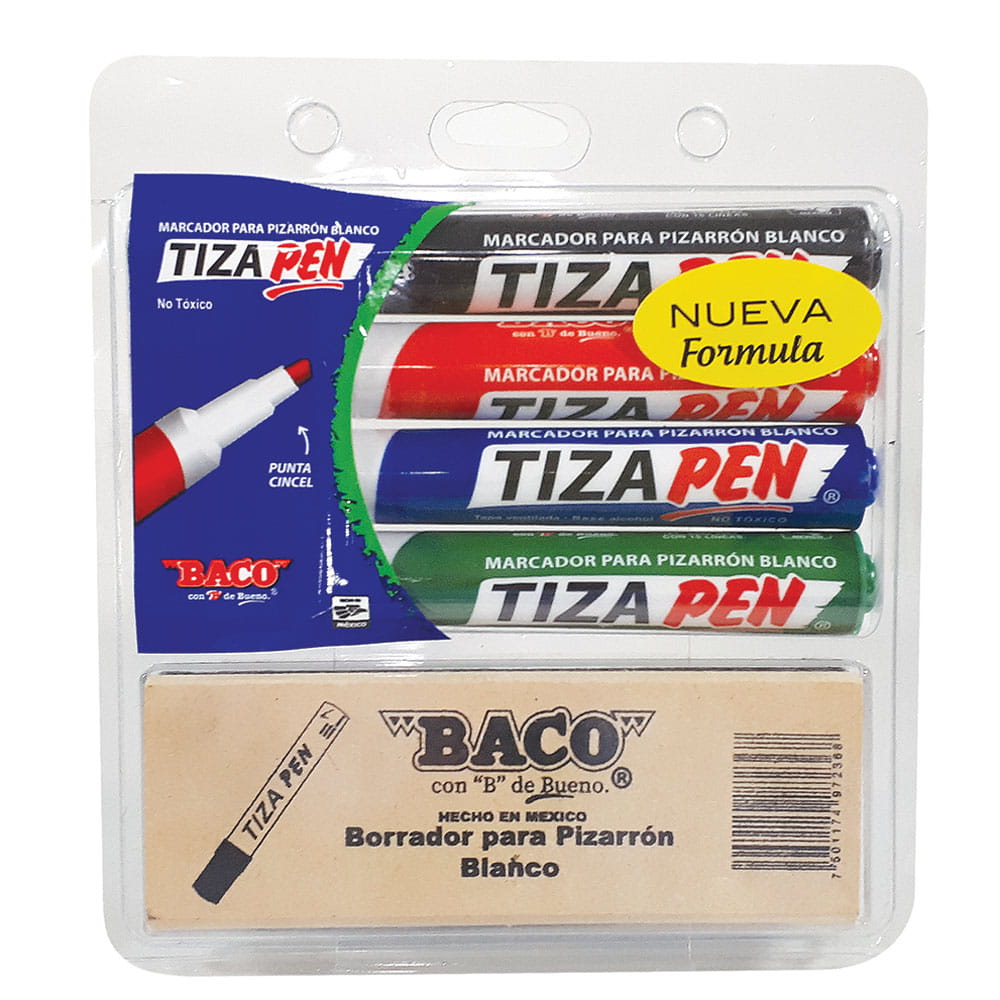 Marcador Para Pizarrón Blíster con 4 Piezas + Borrador Tizapen