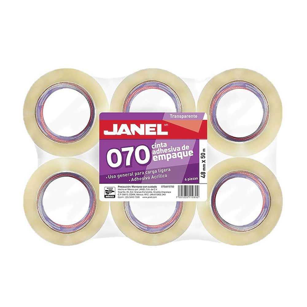 Cinta Adhesiva Transparente para Empaque de .48 x 50 m Paquete con 6 Piezas Janel
