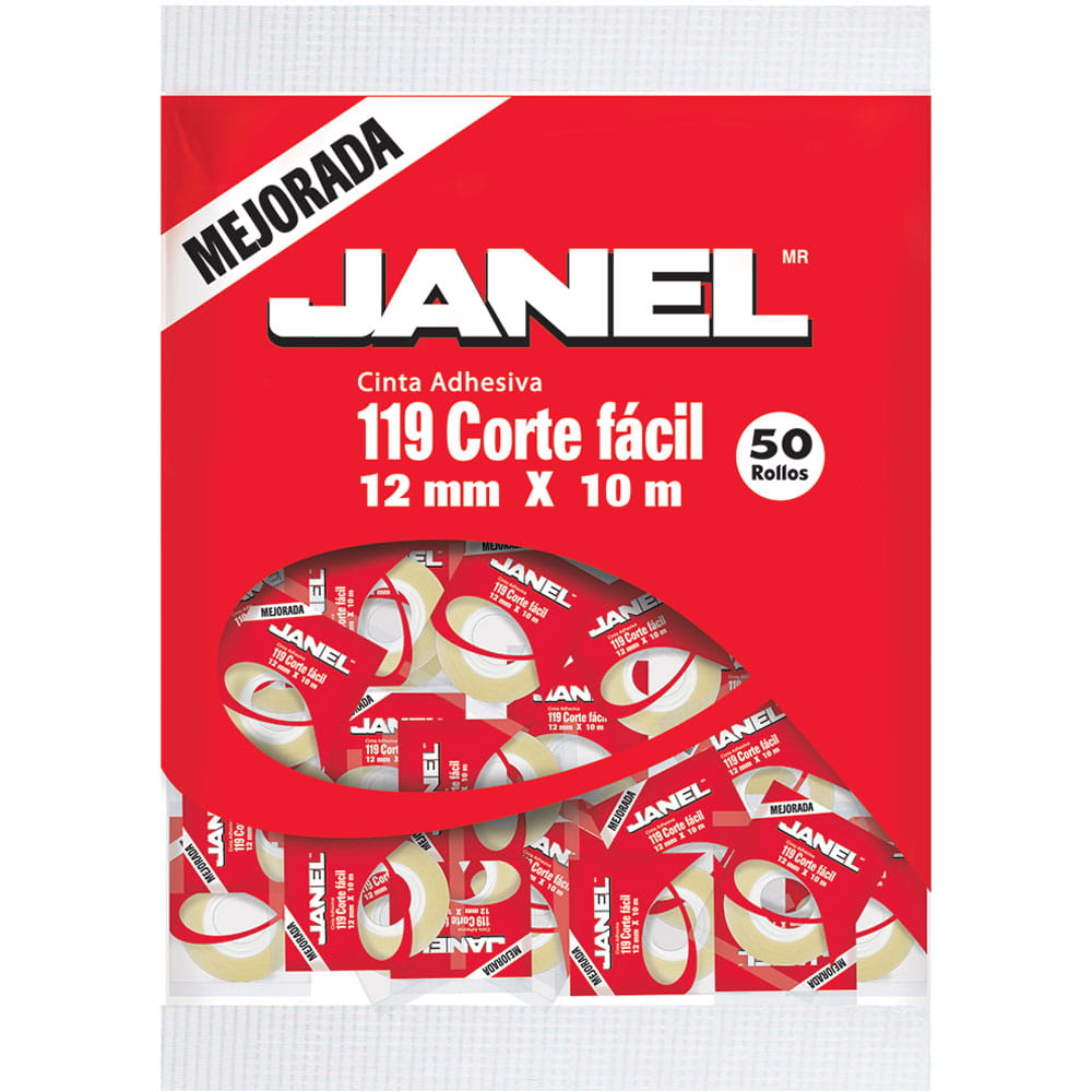 Cinta Adhesiva Transparente T119 de .12 x 10 m con 50 Piezas Janel