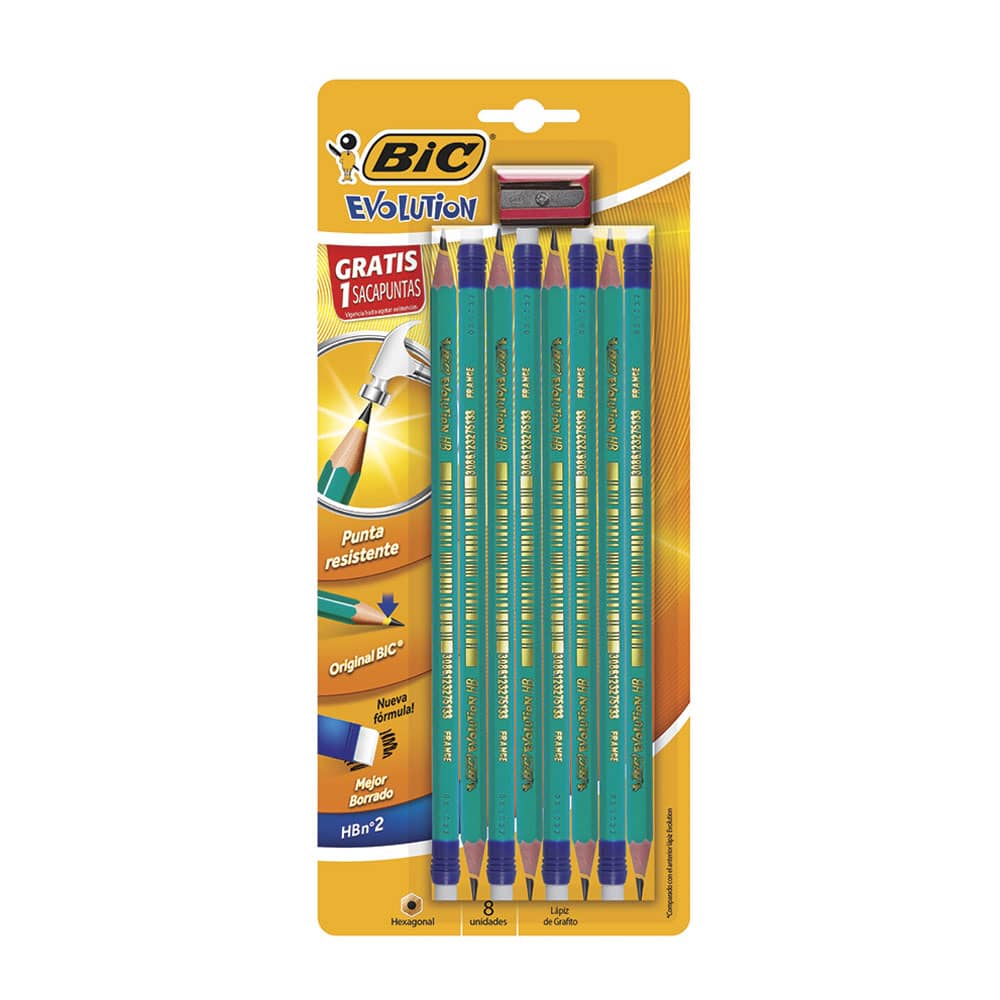 Lápiz con Goma Número 2 Hexagonal Verde Blíster con 8 Piezas Bic Evolution