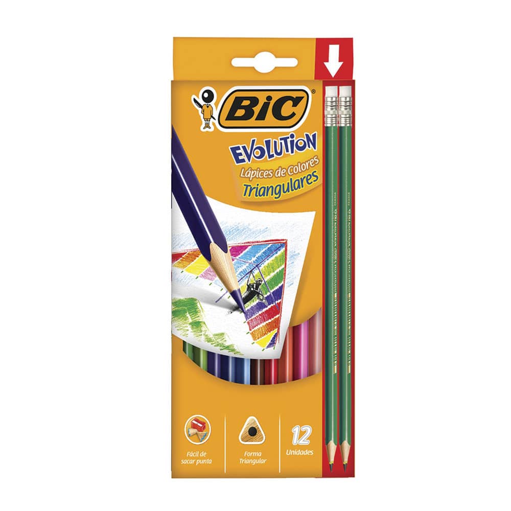 Lápices de Colores Caja con 12 Piezas Largos Triangulares Bic Evolution