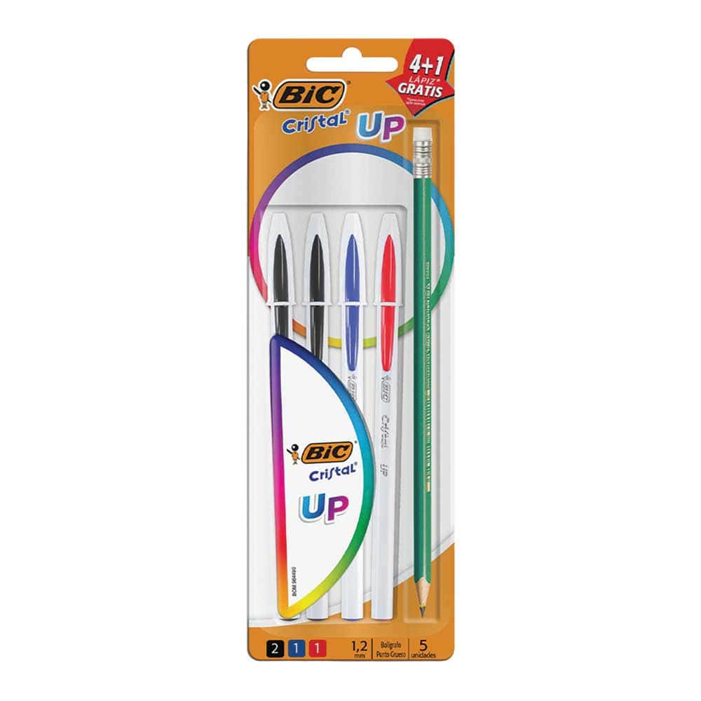Bolígrafo Punto Mediano Stick Colores Surtidos Blíster con 4 Piezas +1 Lápiz Up Bic