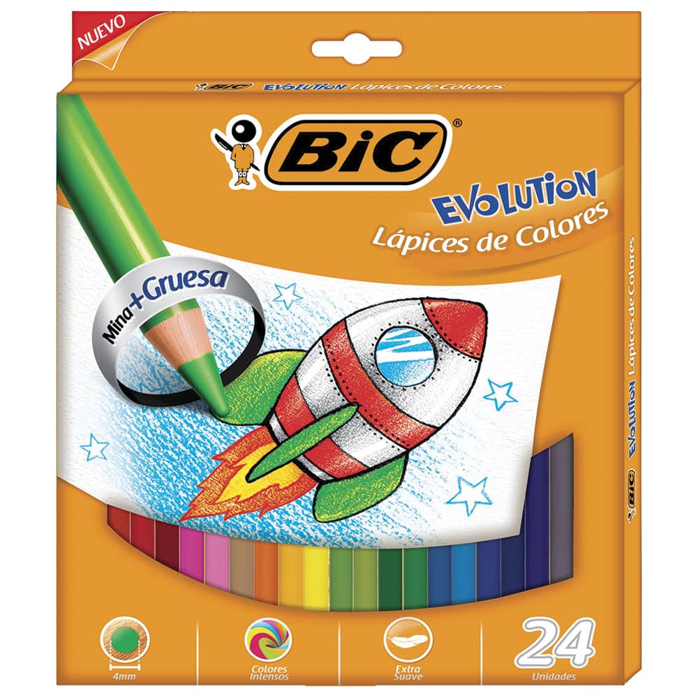 Lápices de Colores Caja con 24 Piezas Largos Redondos de Punto grueso Bic Evolution Bic