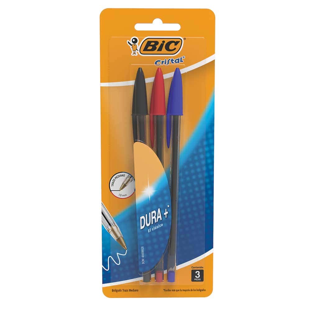 Bolígrafo Punto Mediano Stick Negro, Rojo y Azul Blíster con 3 Piezas Dura + BIC 9644771