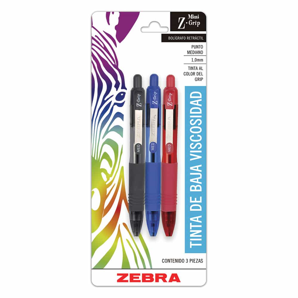 Bolígrafo Punto Mediano Retráctil Colores Surtidos Blíster con 3 Piezas Z-Mini Zebra