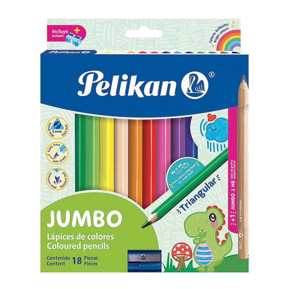 Lápices de Colores Caja con 18 Piezas Largos Triangulares Jumbo Pelikan