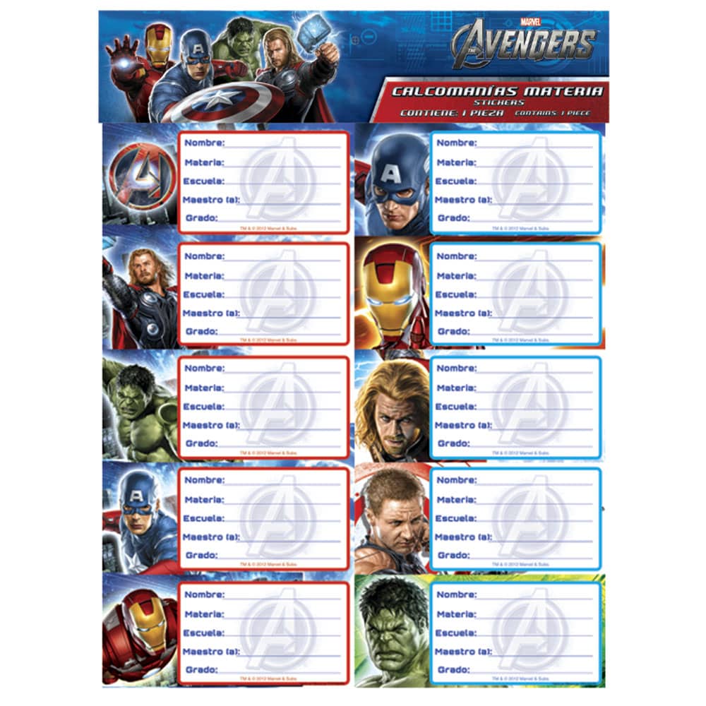 Calcomanía (Sticker) Materias Bolsa con 20 Piezas Avengers Granmark