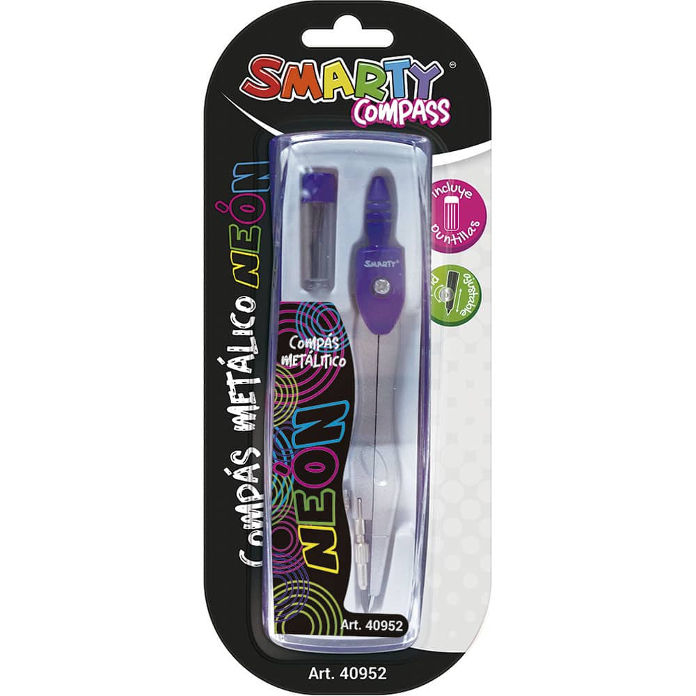 Compás Escolar Metálico Largo Neón Estuche Smarty