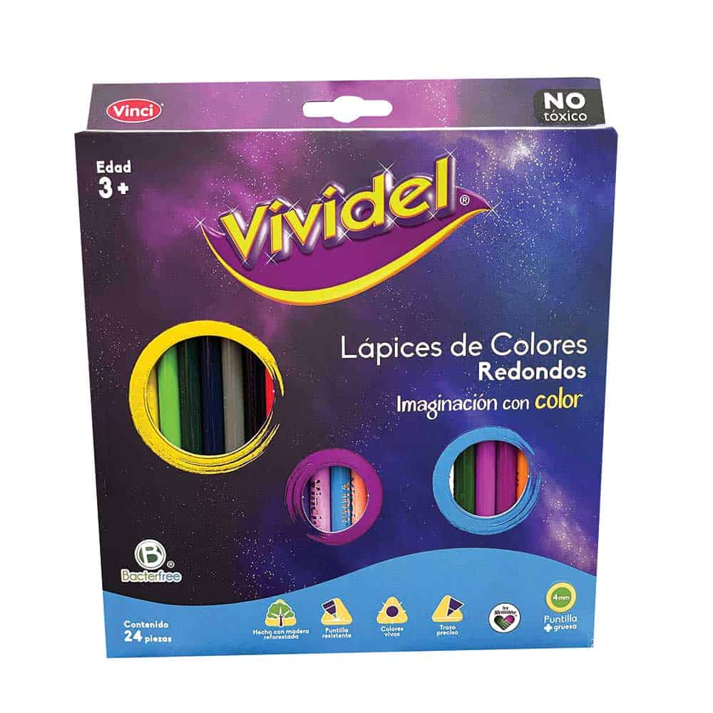 Lápices de Colores Caja con 24 Piezas Largos Redondos de 4 mm Vividel
