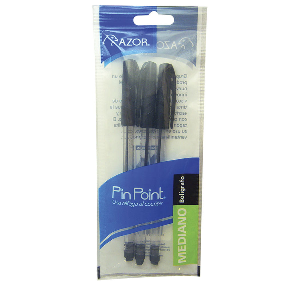 Bolígrafo Punto Mediano Stick Negro Bolsa con 3 Piezas Pin Point