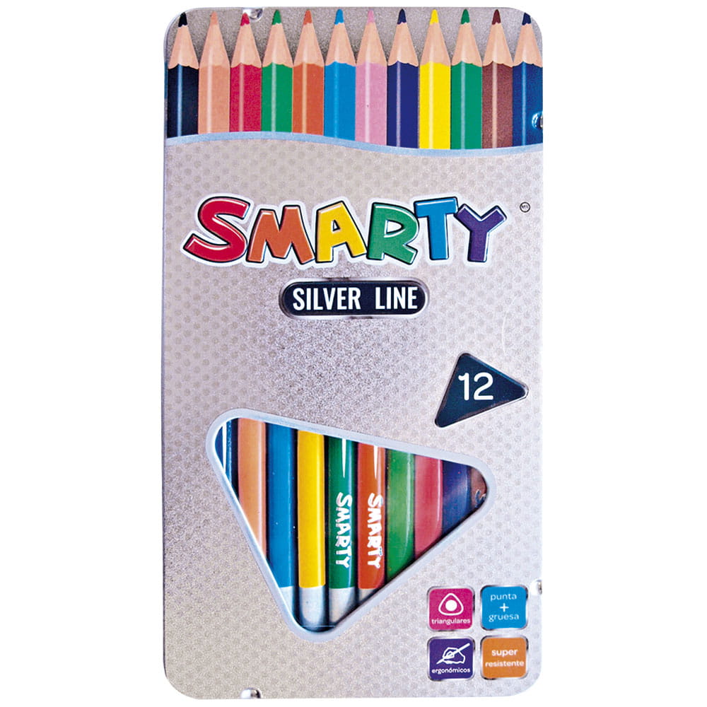 Lápices de Colores Estuche con 12 Piezas Largos Triangulares Silver Smarty