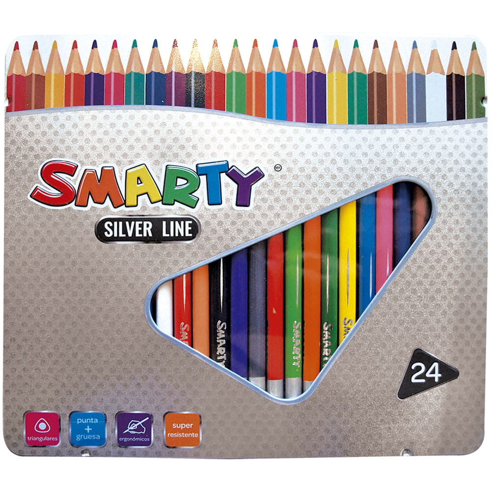 Lápices de Colores Estuche con 24 Piezas Largos Triangulares Silver Smarty