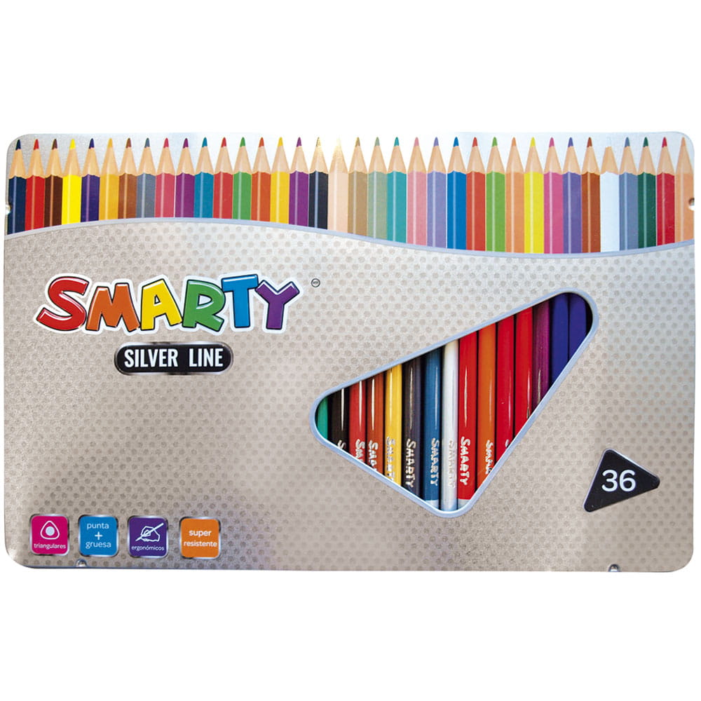 Lápices de Colores Estuche con 36 Piezas Largos Triangulares Silver Smarty